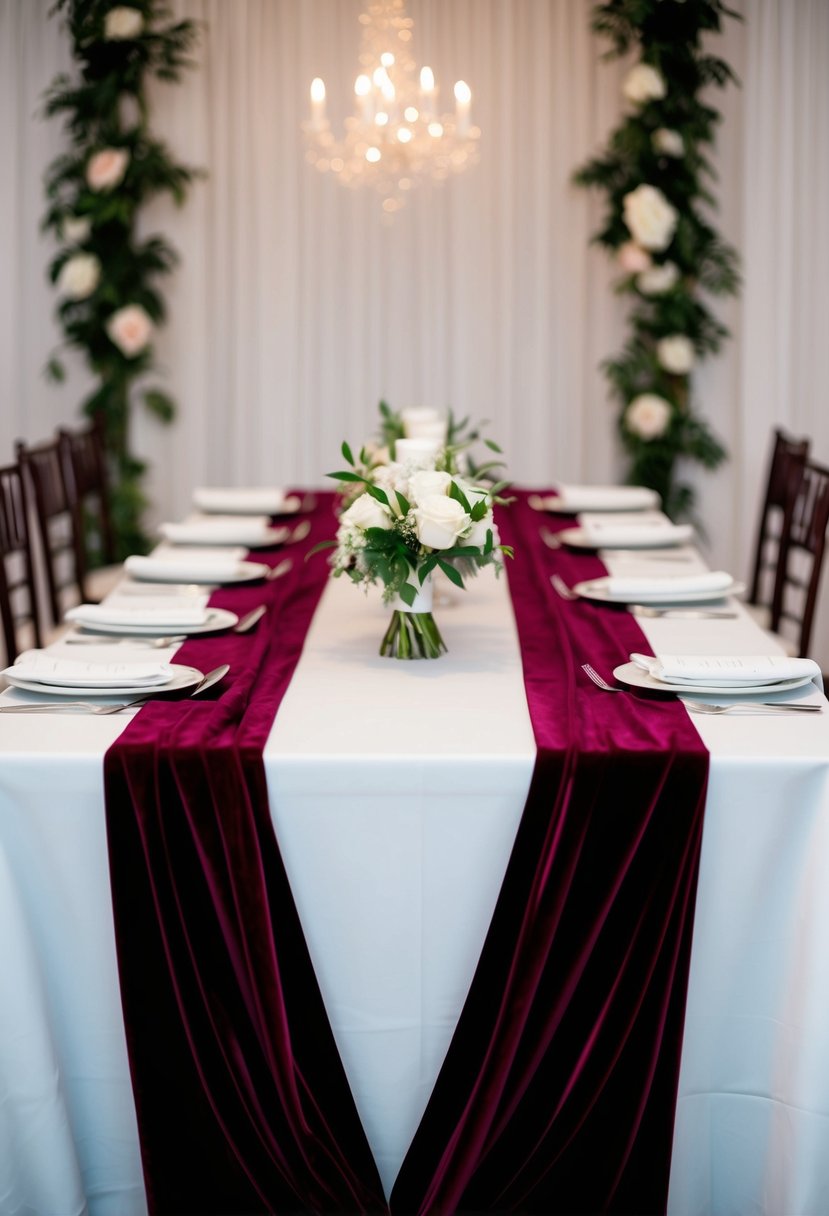 A rich velvet table runner drapes elegantly across a wedding table, adding a touch of luxury to the decor