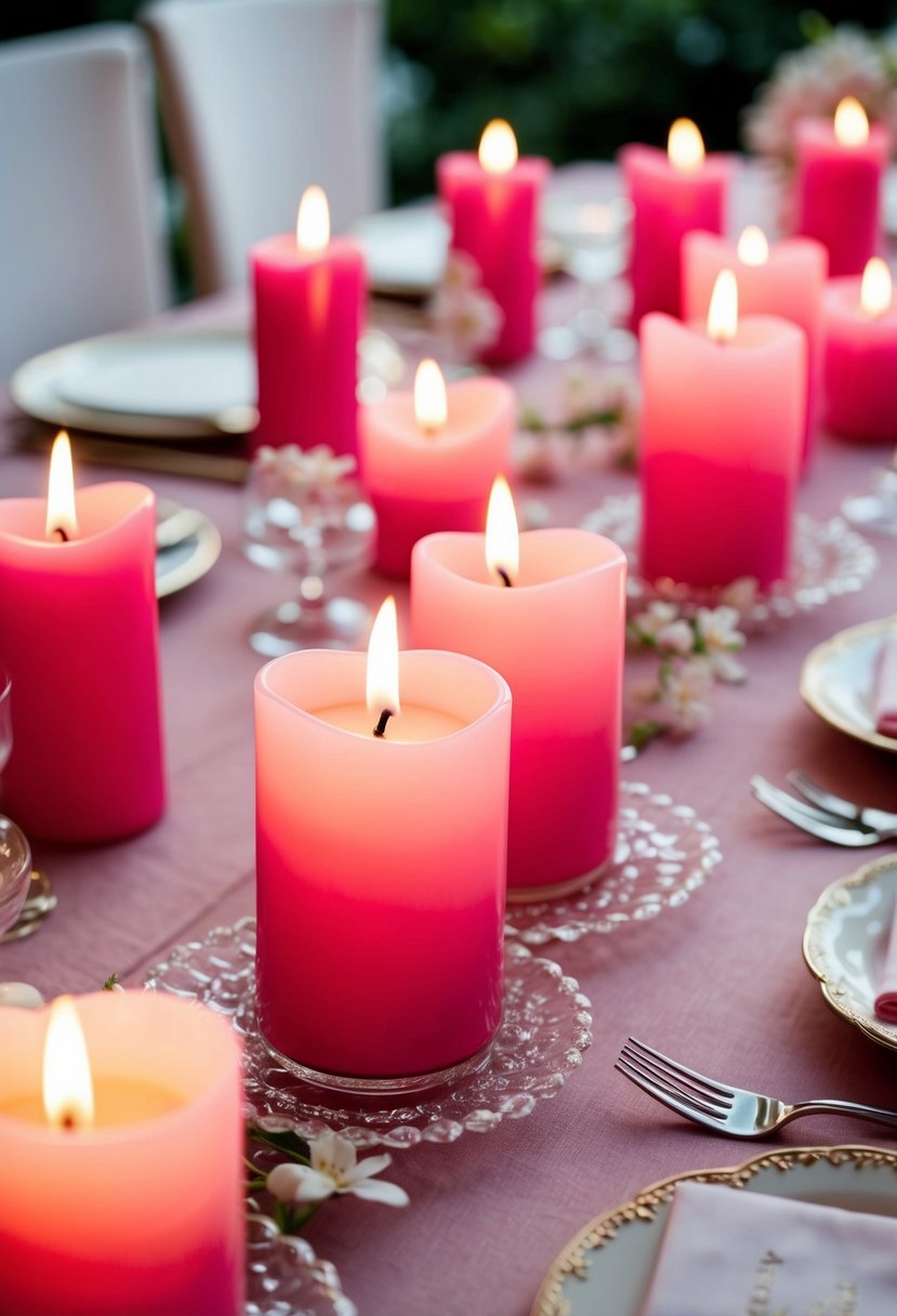 Rosy candles casting a romantic pink glow on a wedding table adorned with delicate decorations