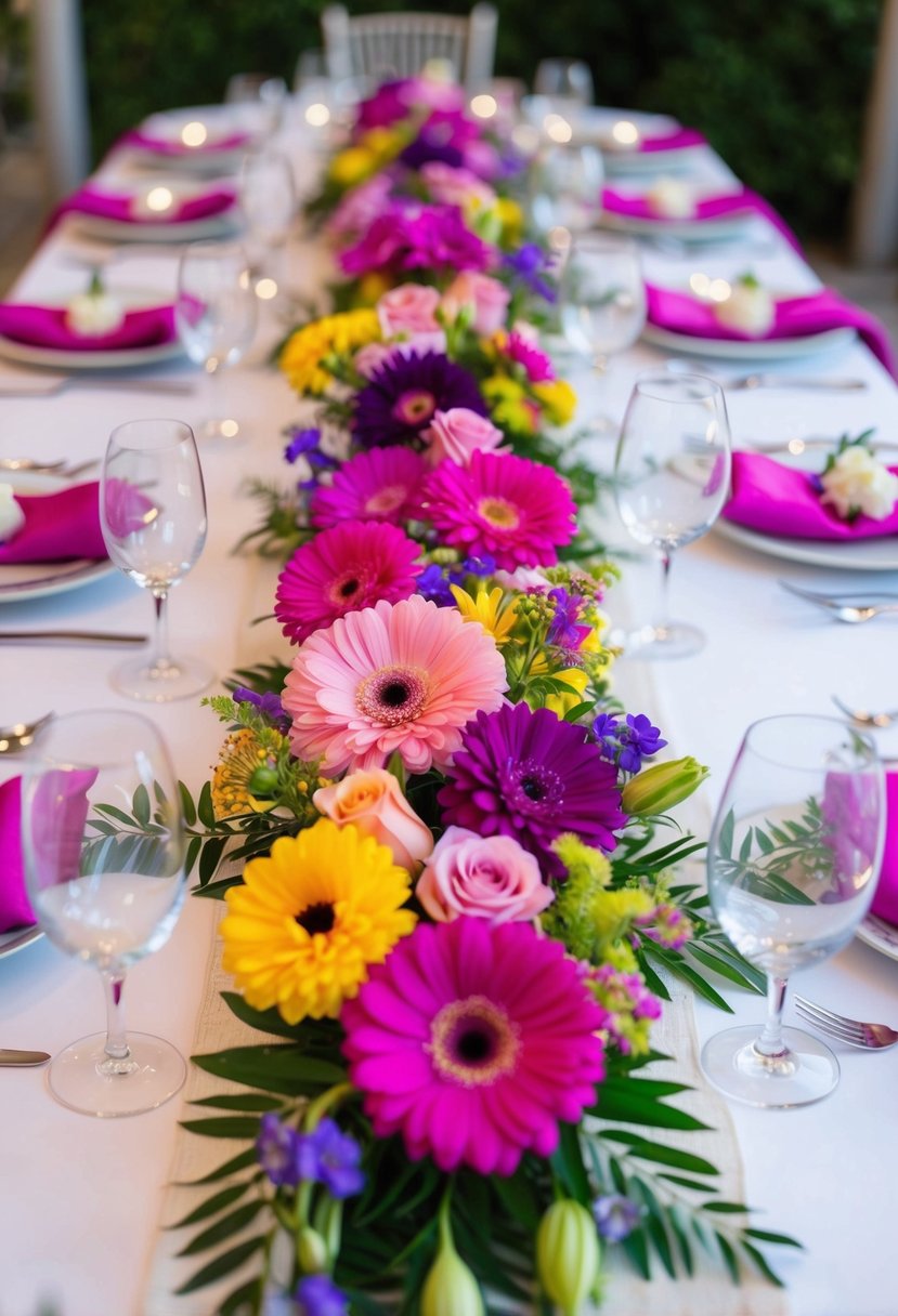 A white table runner adorned with vibrant fresh flowers in shades of pink, purple, and yellow, creating a colorful and elegant wedding table decoration