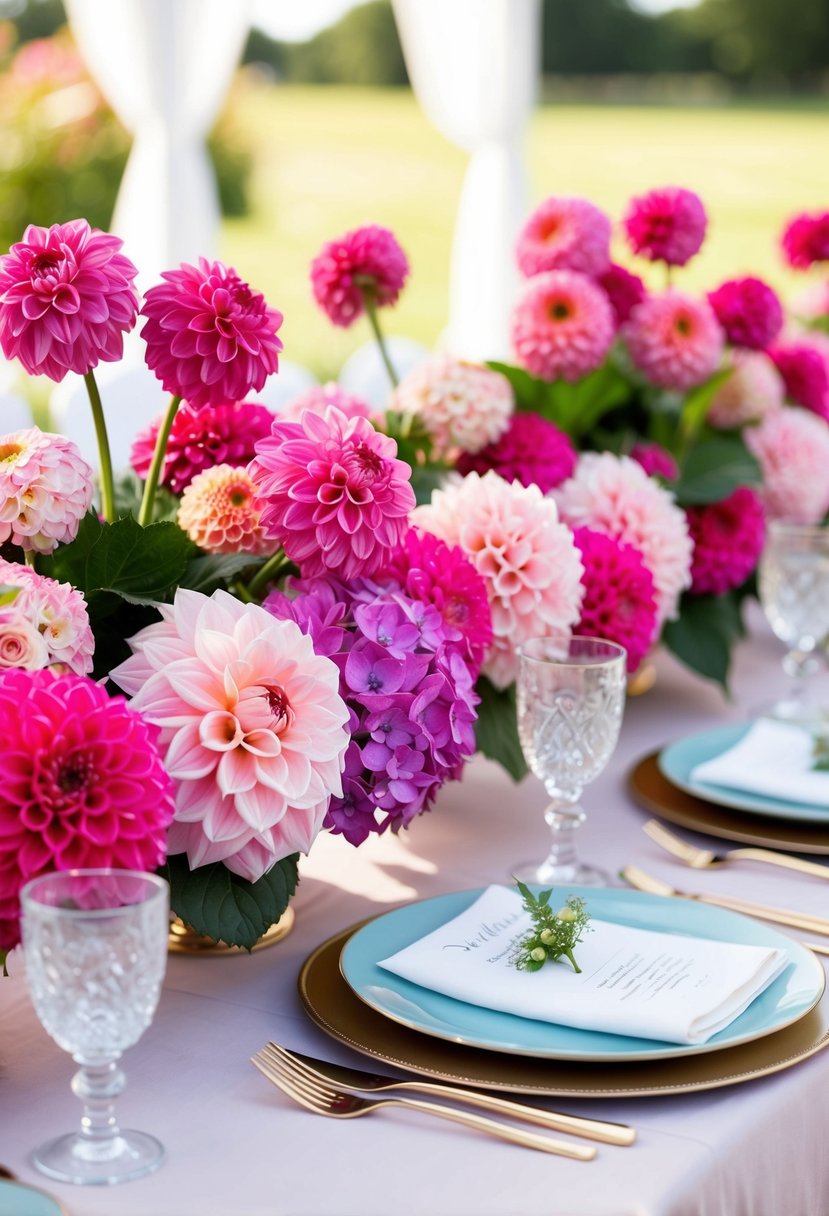 A table adorned with pink dahlias and hydrangeas for a summer wedding