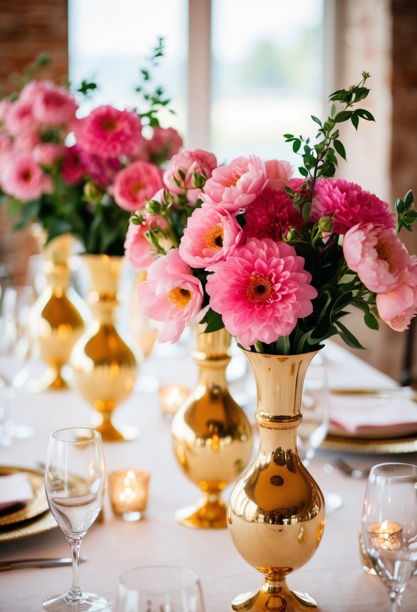 Golden vases hold pink blooms on a wedding table