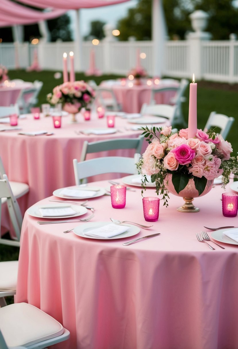 Pink tablecloths cover wedding tables, complemented by pink flowers and candles for a cohesive look