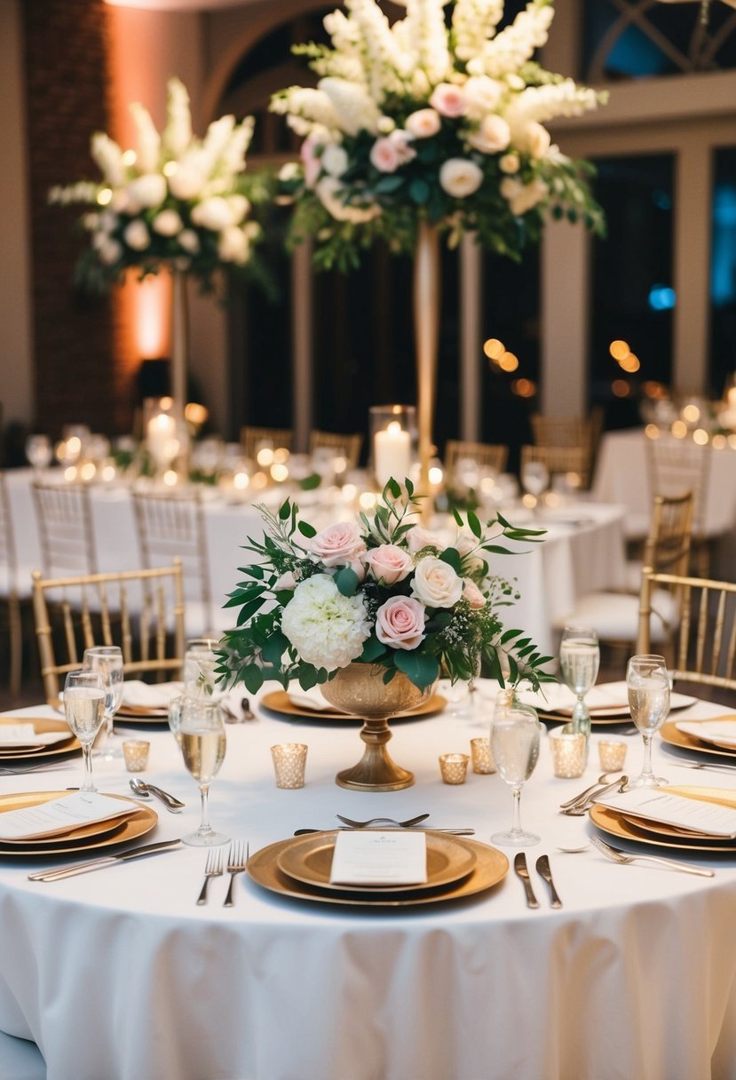 A beautifully decorated table with floral centerpieces and elegant place settings for a wedding reception