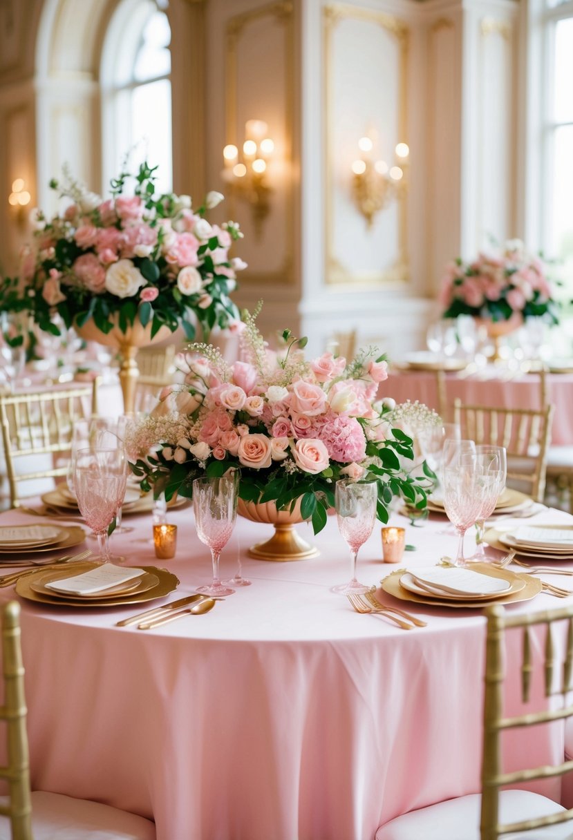 A pink and gold table adorned with lavish floral arrangements and elegant place settings, creating a luxurious and romantic atmosphere for a wedding celebration