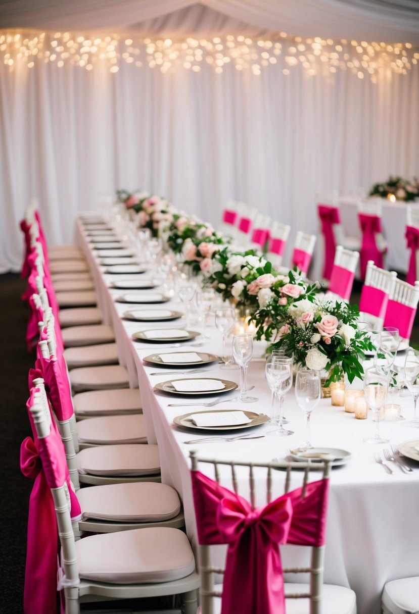 A long, white wedding table adorned with pink chair sashes for an elegant touch