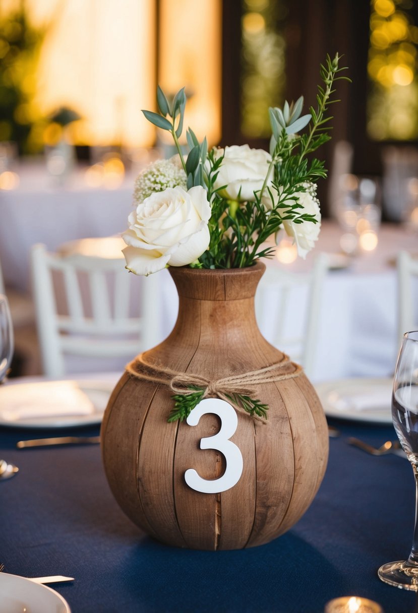 A rustic wooden vase sits on a table, adorned with a number for a wedding decoration