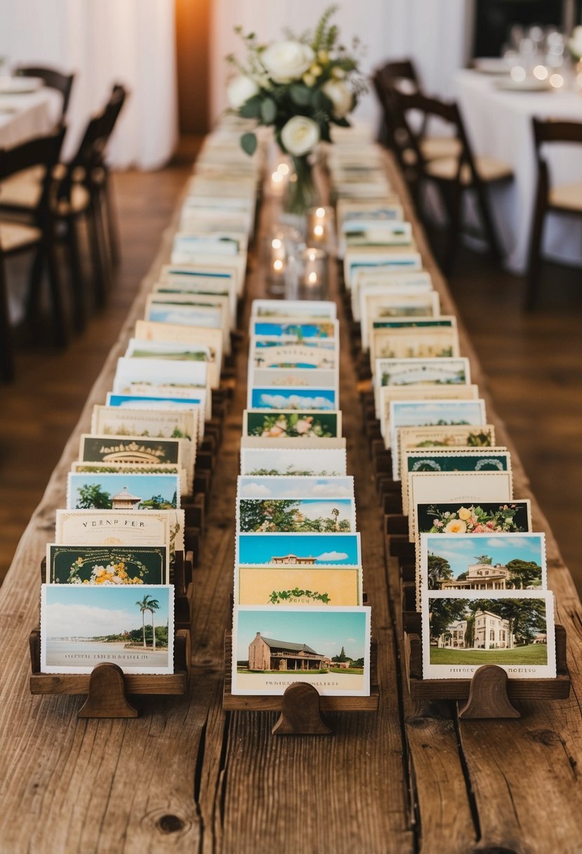 A rustic wooden table adorned with vintage postcards, displayed in small stands, adding a nostalgic touch to a wedding reception