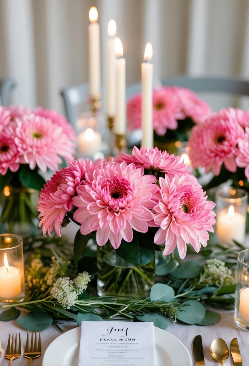 A table adorned with pink chrysanthemum centerpieces, surrounded by delicate greenery and flickering candlelight