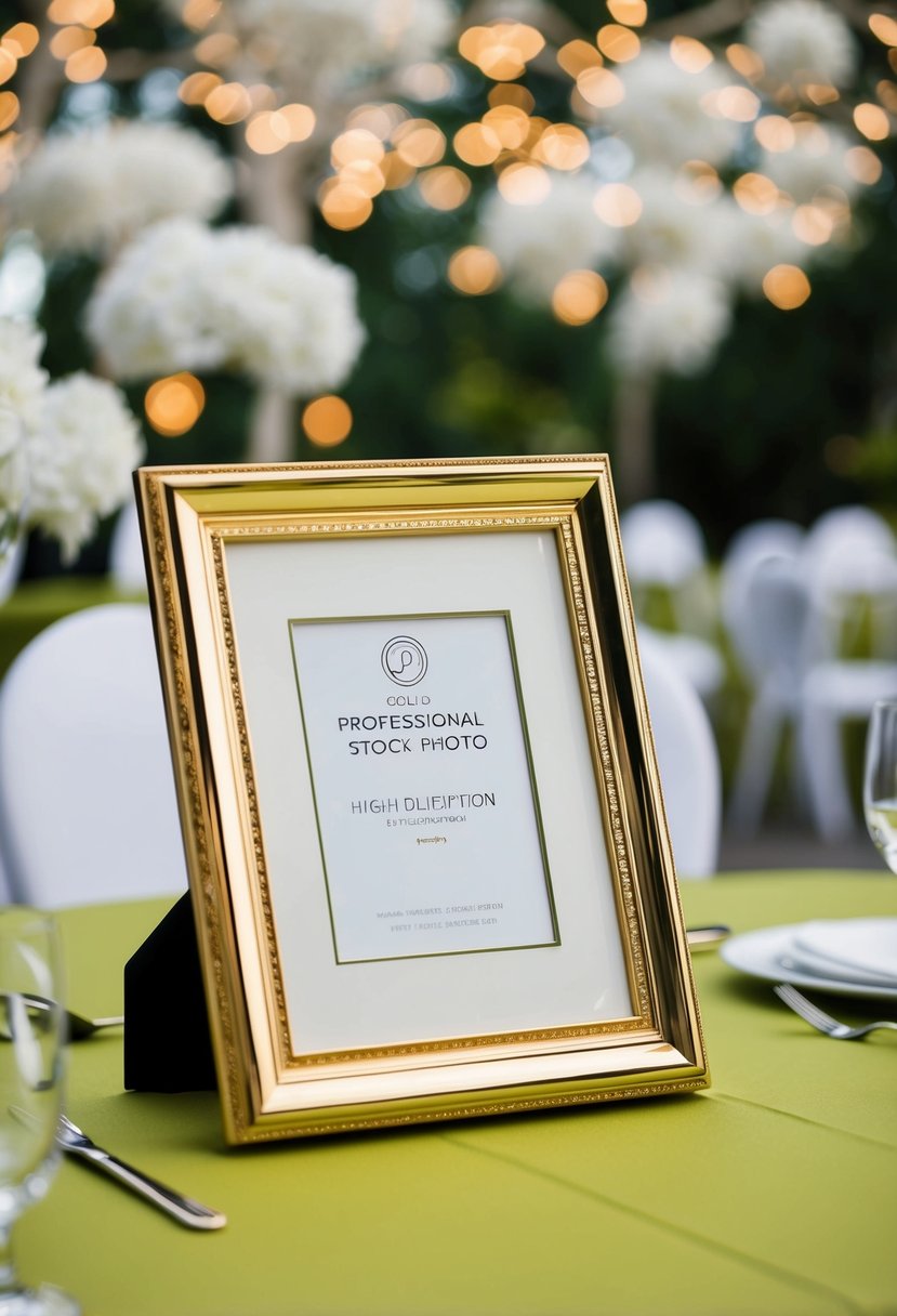 A gold picture frame sits on a green background table, part of wedding decoration ideas