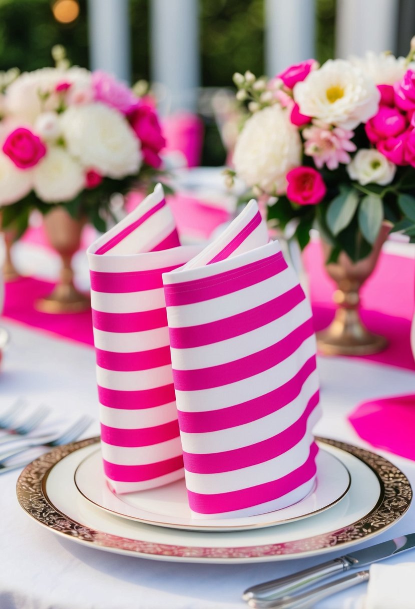 Pink and white striped napkins arranged on a wedding reception table with floral centerpieces and pink accents