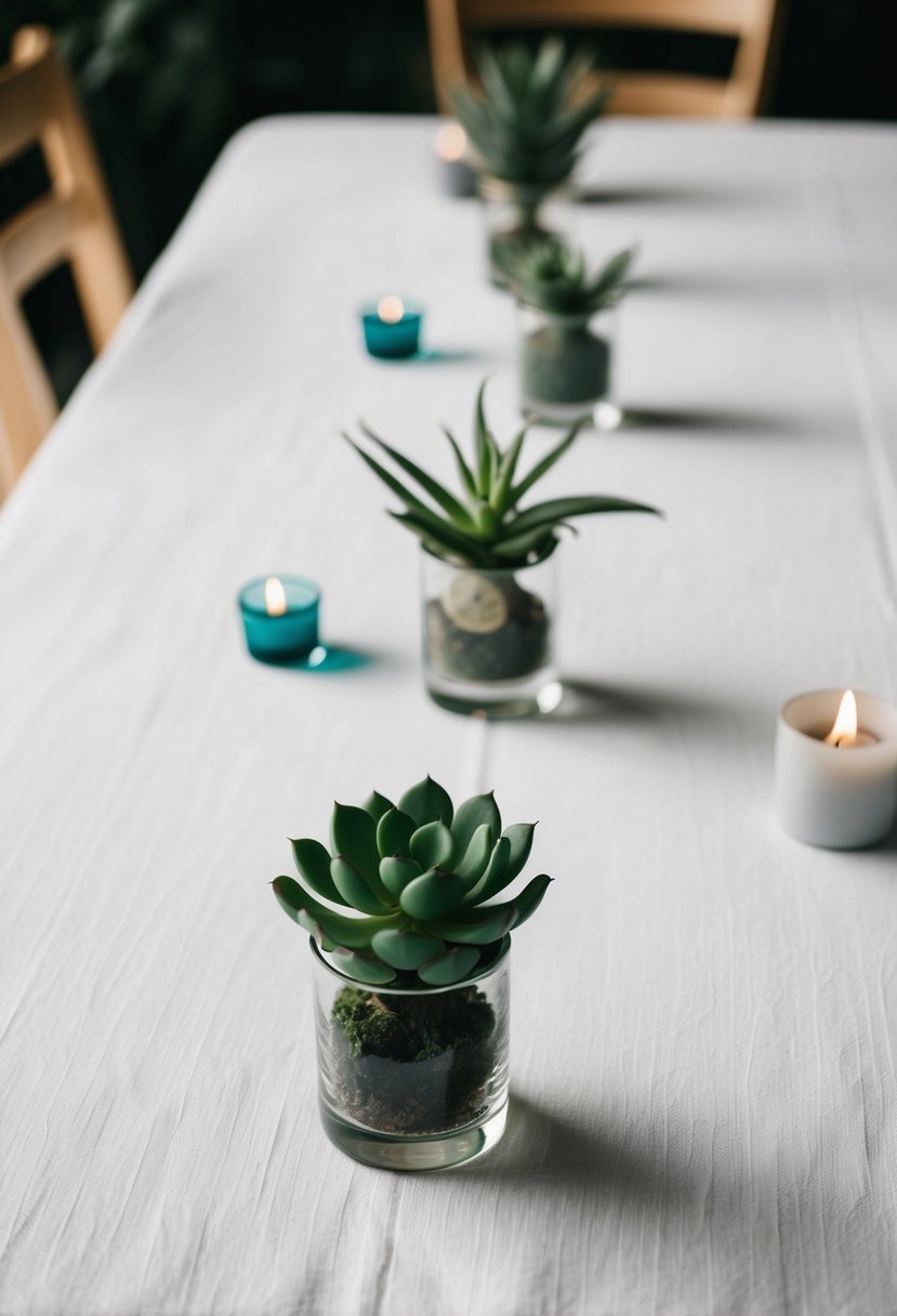 A simple table with white tablecloth, small succulents in clear glass vases, and a few scattered tea lights