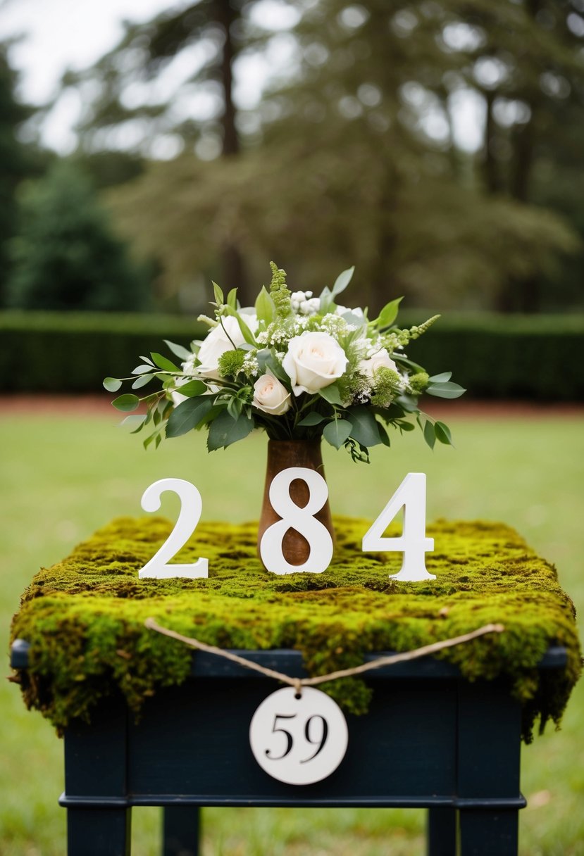 A moss-covered wooden table with numbers as wedding decorations