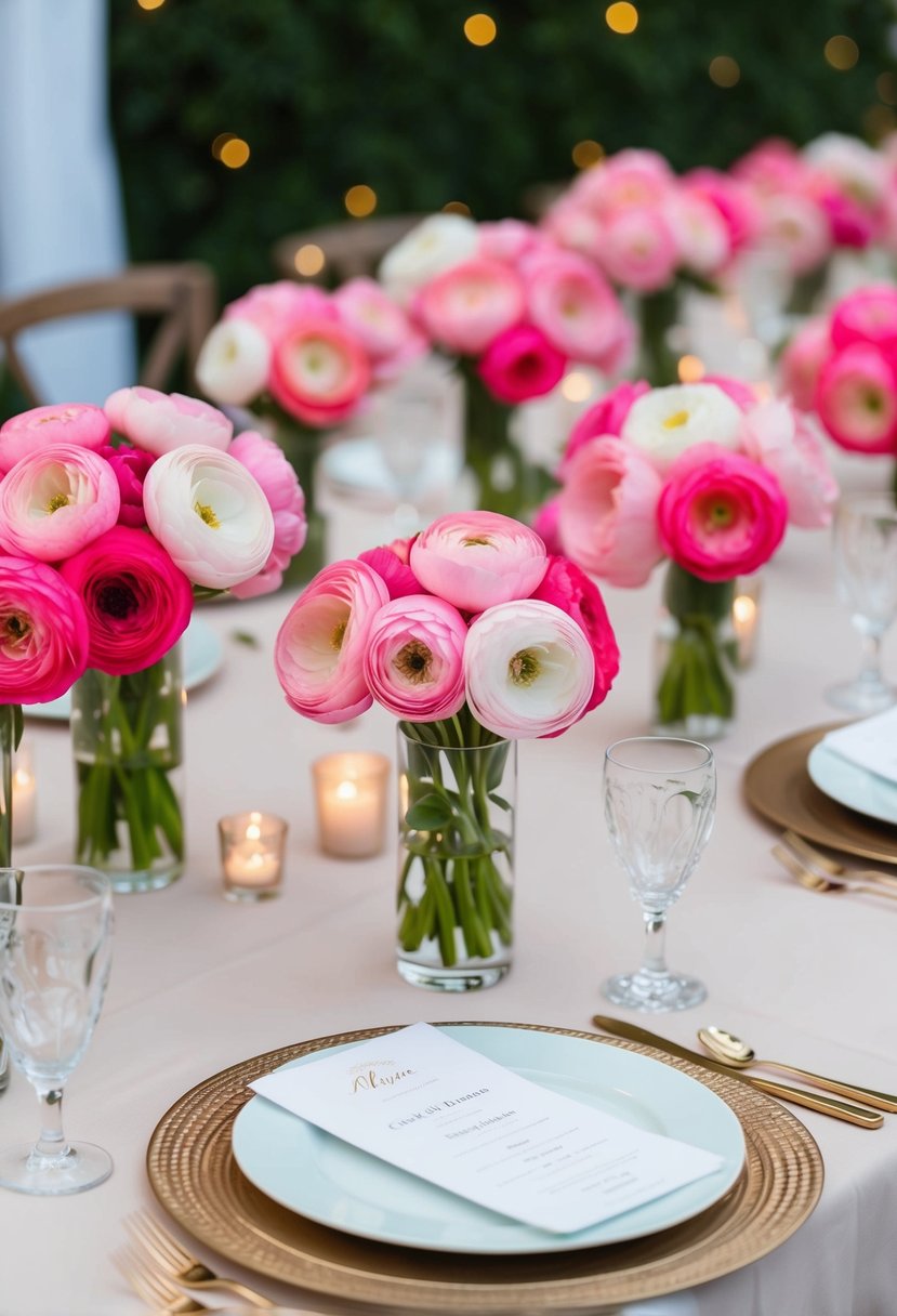 A table adorned with pink ranunculus, adding sophistication to a wedding reception