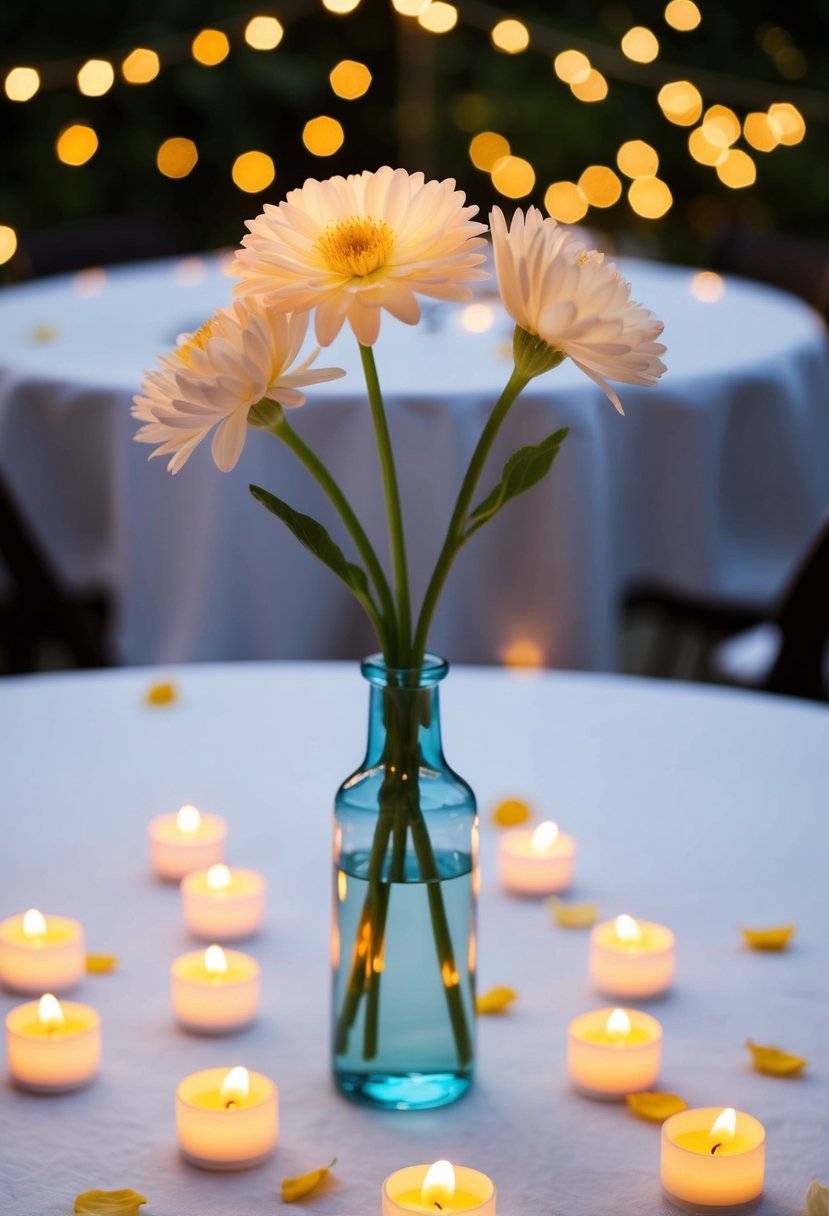 A single-stem flower vase sits on a white tablecloth, surrounded by scattered petals and flickering tea lights