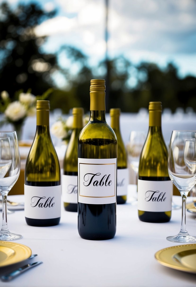 A table set with custom wine bottles, each labeled with a different table number, serving as wedding decorations