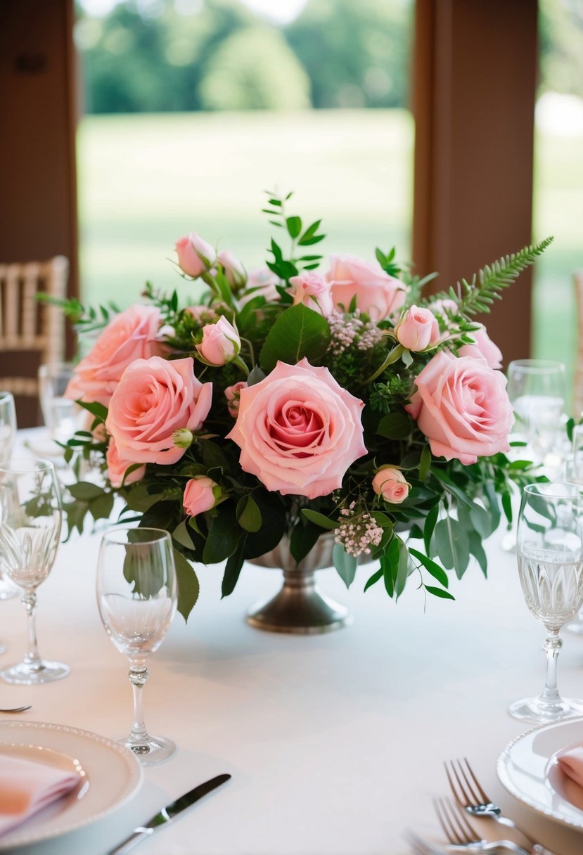 A table adorned with pink roses and greenery, creating a balanced and elegant wedding centerpiece