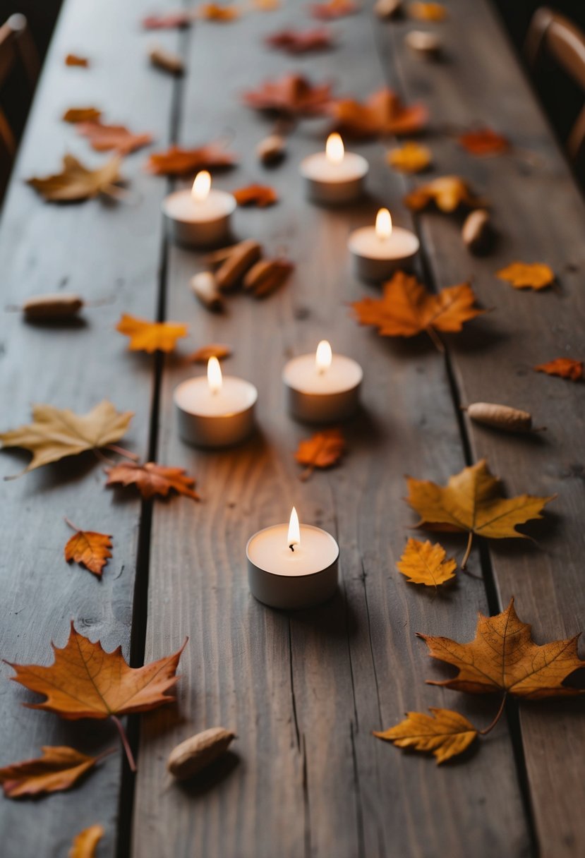 A simple wooden table adorned with scattered autumn leaves and small white candles