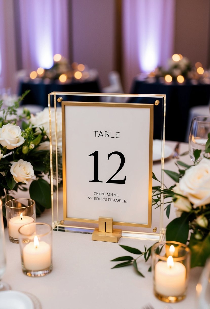 A double-sided acrylic gold frame holds a table number, surrounded by elegant floral centerpieces and soft candlelight at a wedding reception