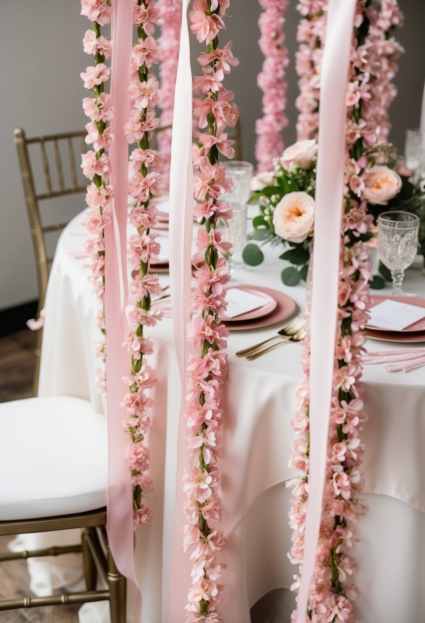 Pink garlands draped over a wedding table, adorned with handmade flowers and delicate ribbons