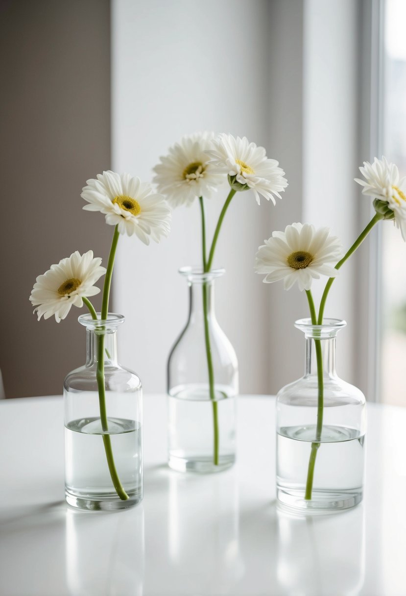 A white table with three clear glass vases filled with single stem flowers