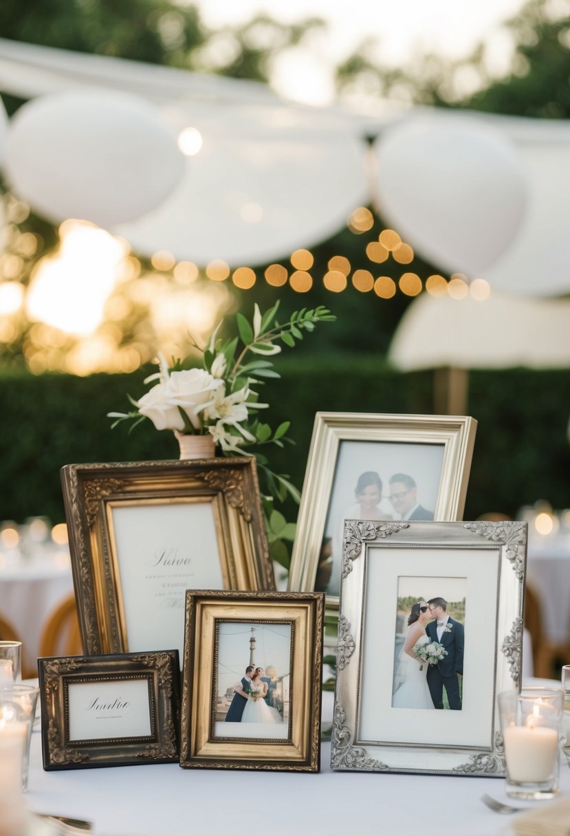 A table adorned with mismatched vintage photo frames as wedding decorations