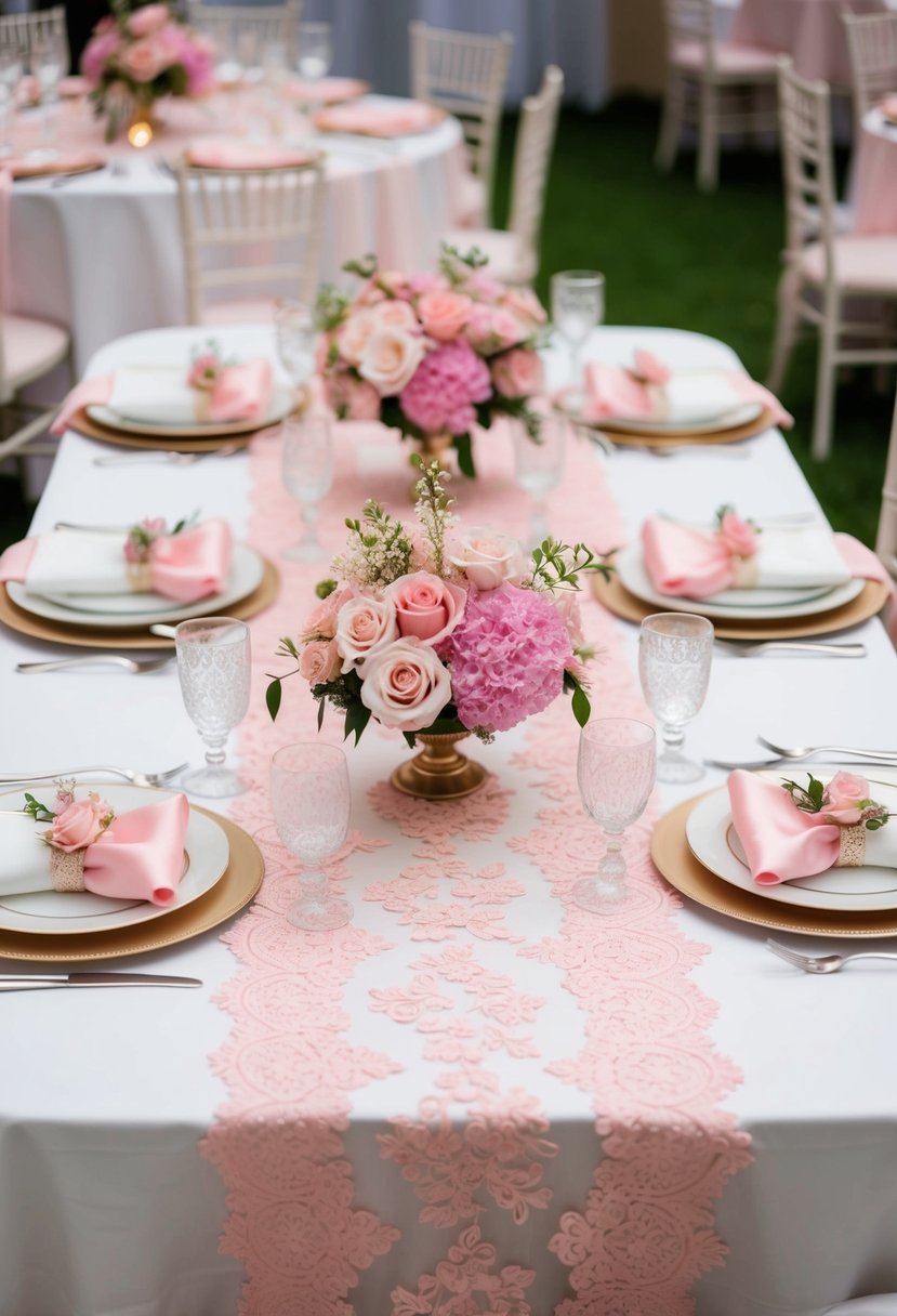 Pink lace table runners adorn a wedding reception table, accented with pink floral centerpieces and delicate place settings