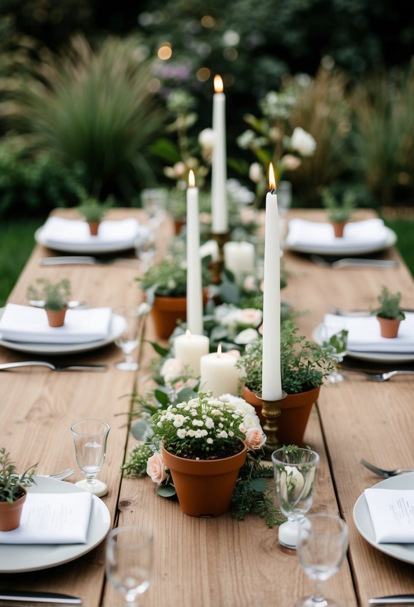 A simple wooden table adorned with small potted plants, white candles, and delicate floral arrangements, creating a serene garden-inspired wedding centerpiece