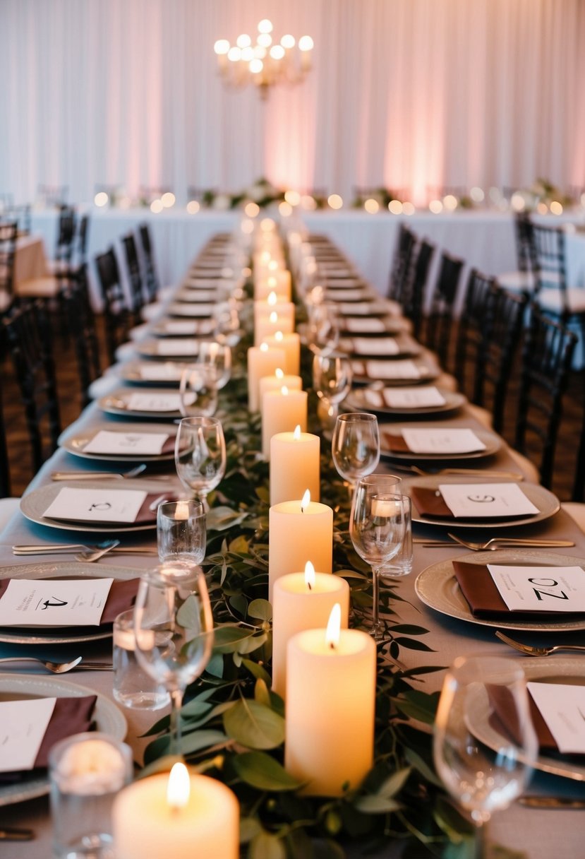 A long banquet table with candles as table numbers