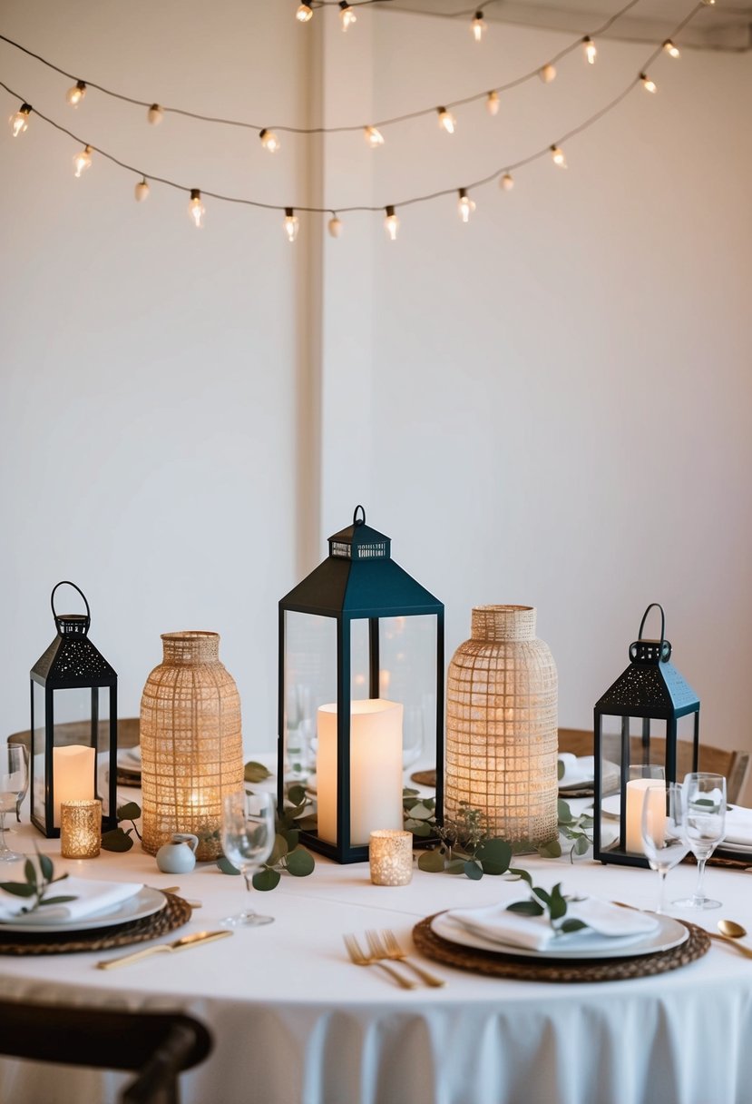 A table adorned with decorated lanterns, surrounded by simple and elegant minimalist wedding decor