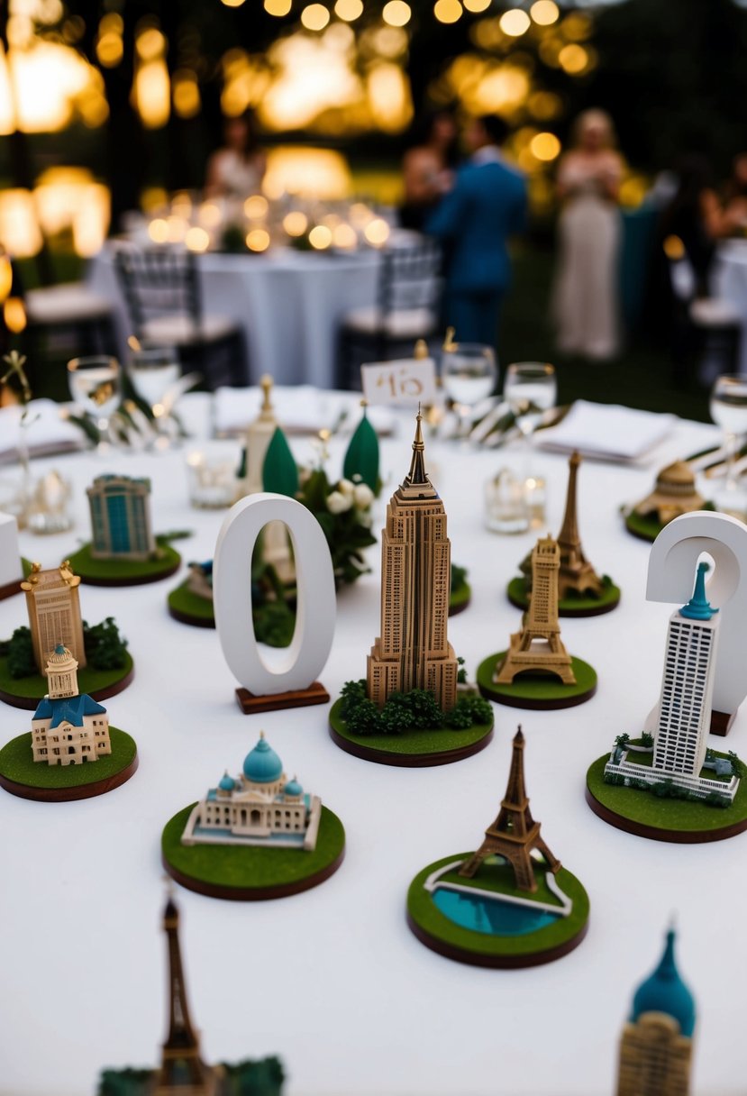 A table adorned with miniature replicas of famous landmarks from honeymoon destinations, serving as unique and informative table number wedding decorations