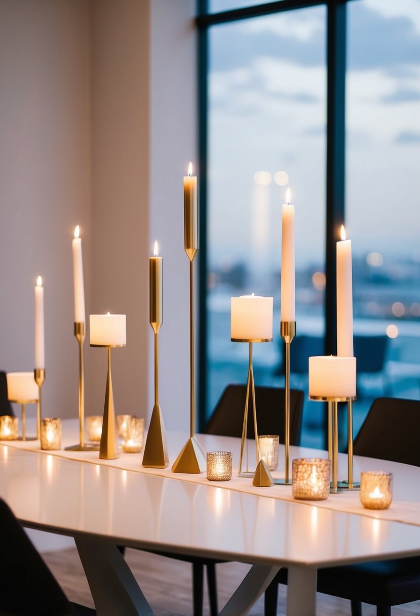 A sleek, modern table adorned with geometric candle holders in varying heights and shapes, casting soft, ambient light over the minimalist wedding decor