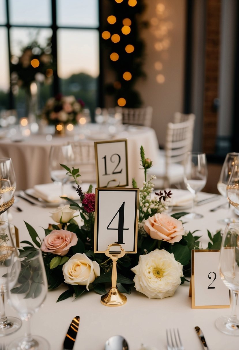 A table adorned with elegant floral decor number holders for a wedding reception