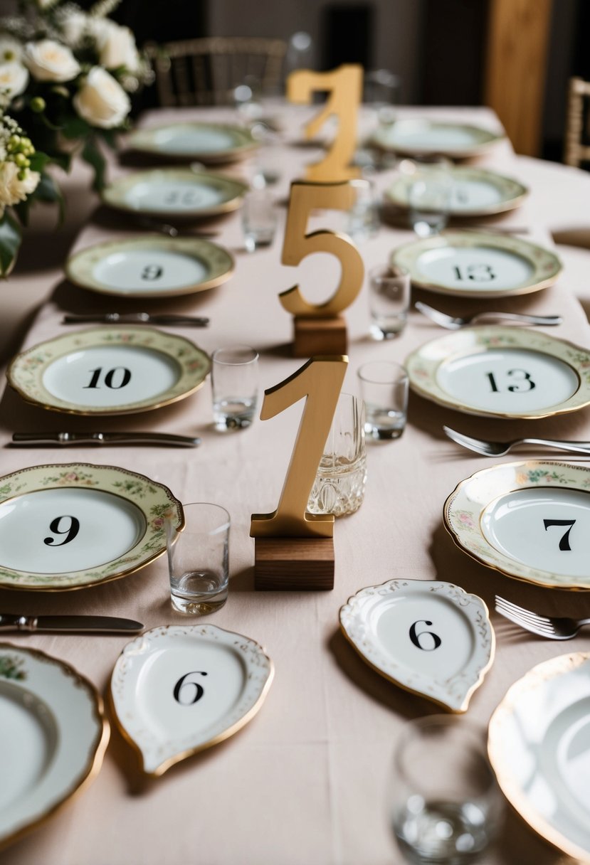 A collection of vintage plates arranged in numerical order, serving as unique and charming table numbers for a wedding decoration