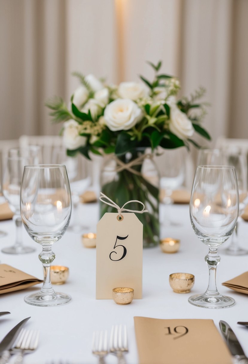 A table adorned with elegant glass holders, each with a numbered tag for a wedding decoration