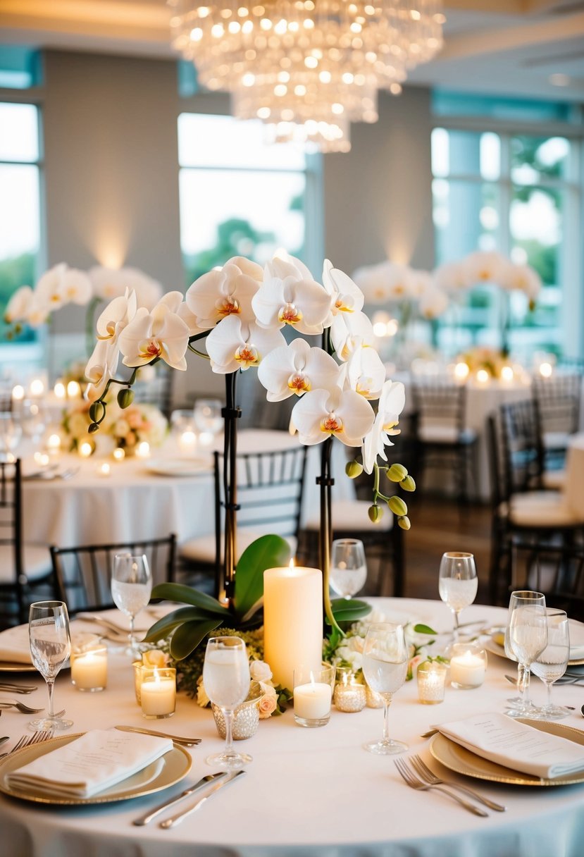 An elegant table adorned with orchid centerpieces, candles, and delicate place settings