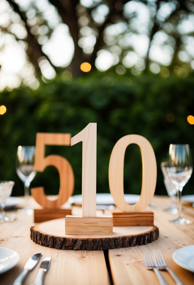 A wooden table adorned with DIY thin wood numbers for a wedding decoration