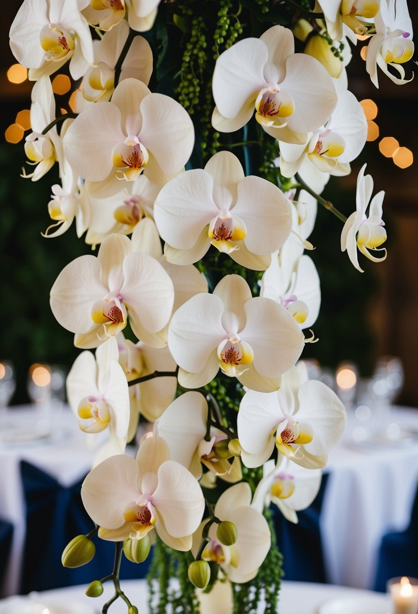 Cascading orchids adorn the center of a table, creating a dramatic and elegant wedding decoration