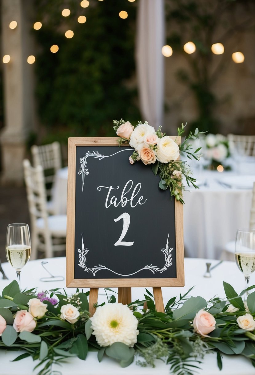 A chalkboard stand with a decorative table number, adorned with floral arrangements and placed on a wedding reception table