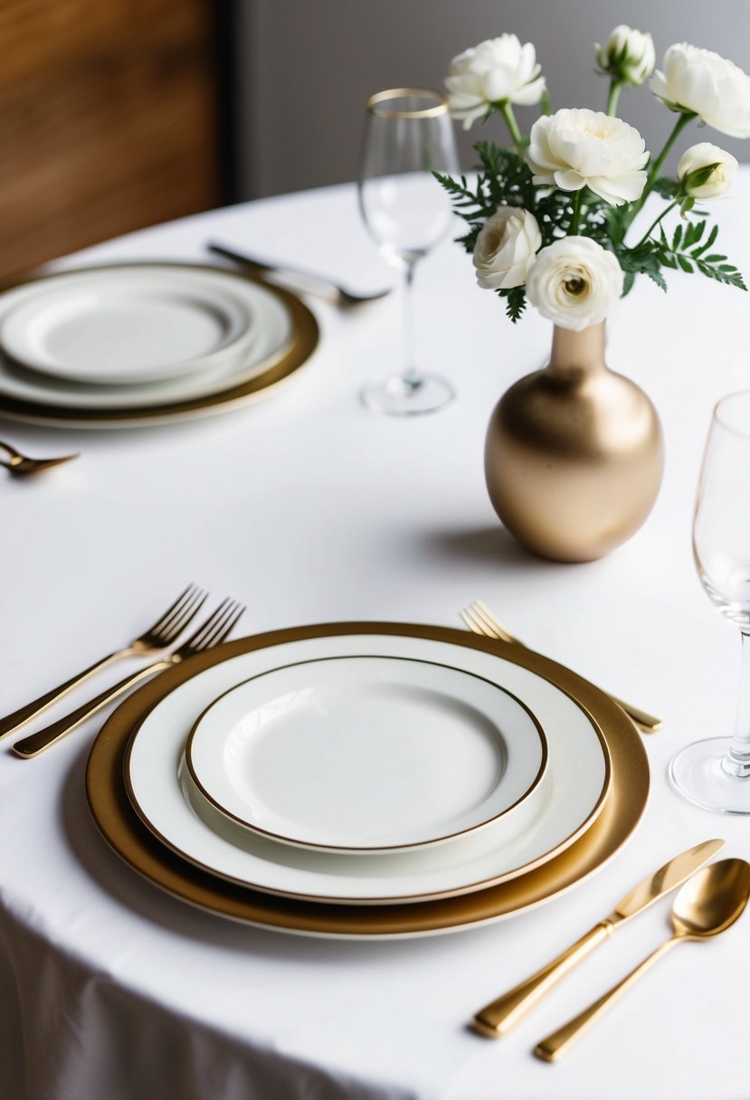 A simple white table with gold-rimmed plates, gold cutlery, and a single gold vase with white flowers