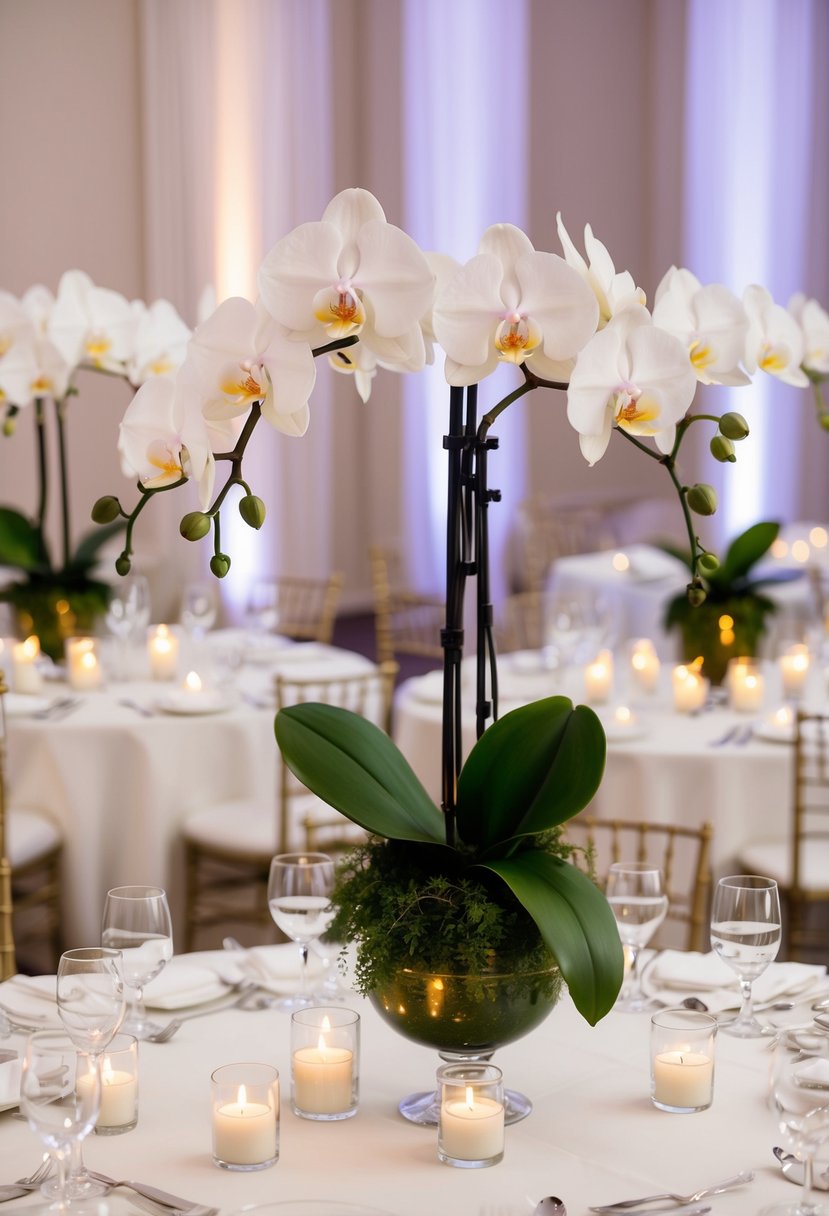 A table set with elegant orchid centerpiece vases, each holding a floating candle, creating a romantic and sophisticated wedding reception ambiance