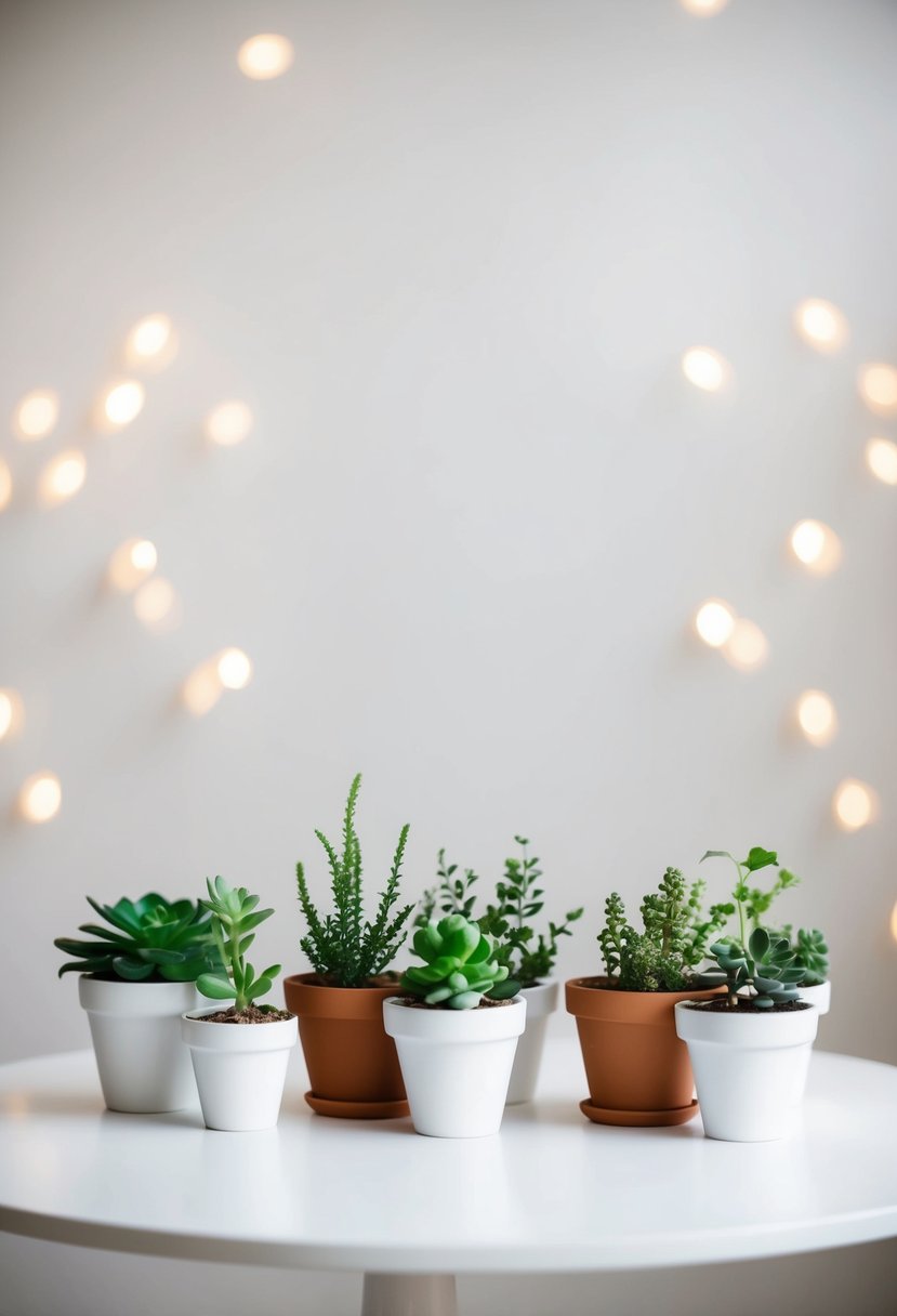 A white table adorned with small potted plants, simple and elegant, perfect for a minimalist wedding