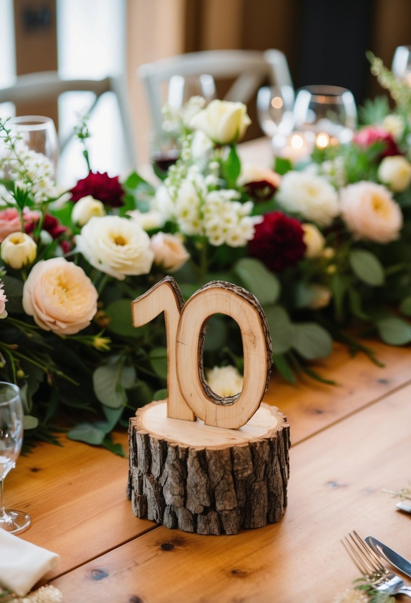 A set of rustic log table numbers arranged on a wooden table amidst floral wedding decorations