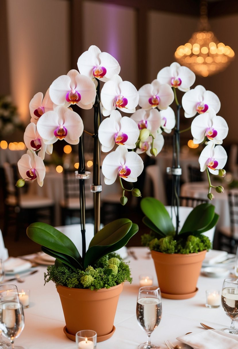 Potted orchids arranged as elegant centerpieces on a wedding reception table