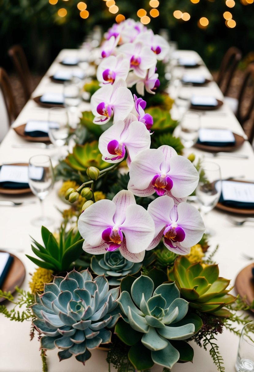 Lush orchids and succulents arranged on a wedding table, creating a stunning centerpiece