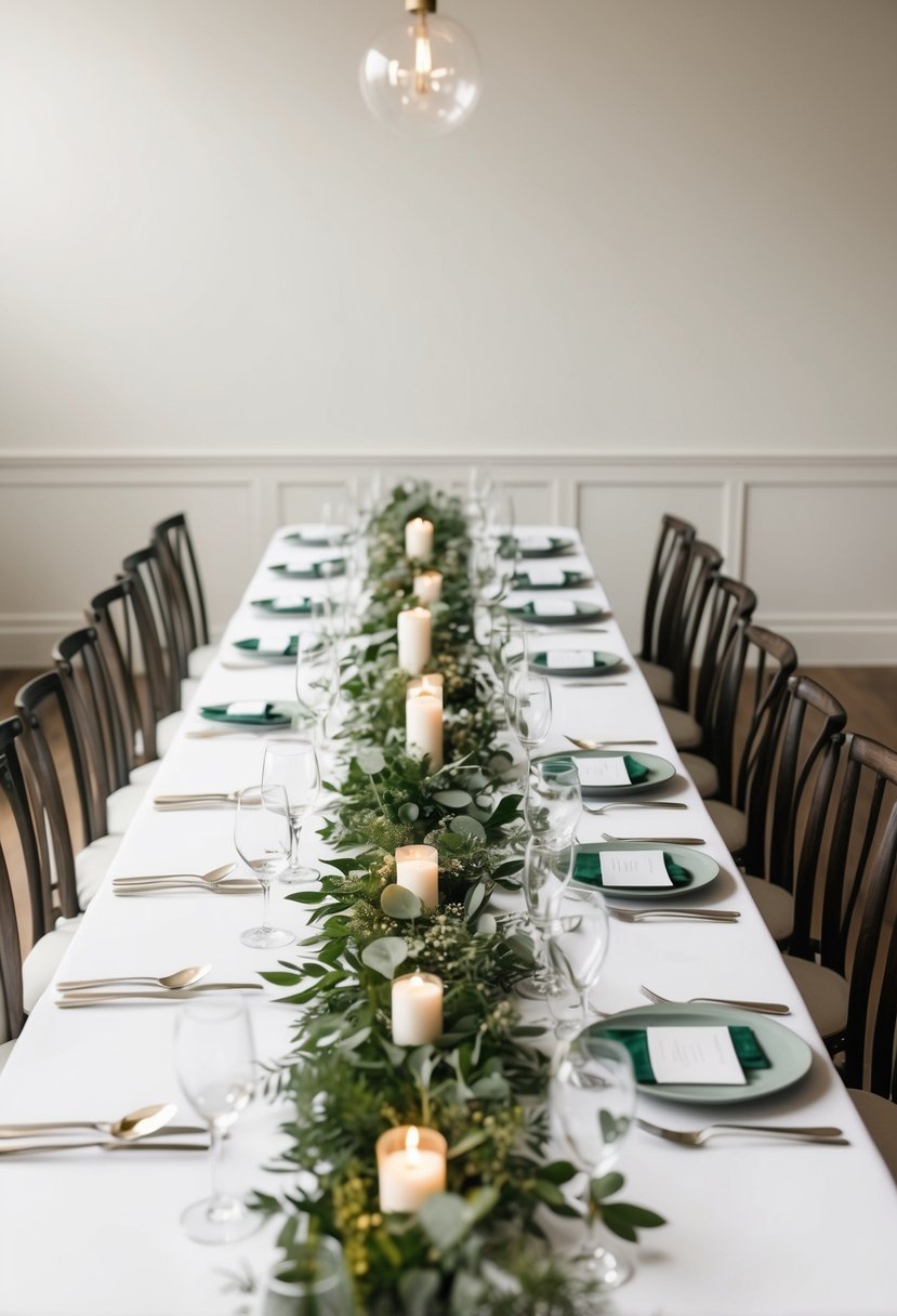 A long table adorned with simple, elegant greenery table runners, creating a minimalist and natural wedding decor