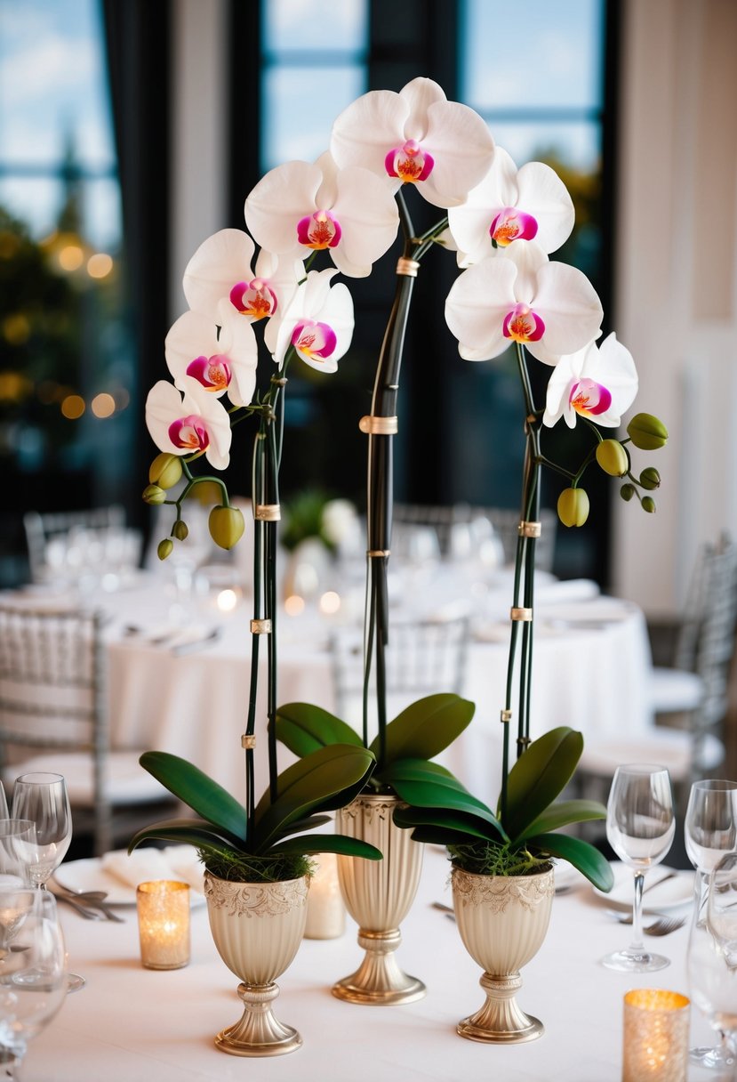 A wedding table adorned with artificial orchids in elegant vases