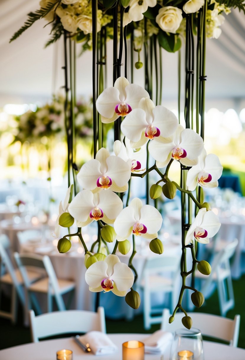 Hanging orchids form a lush canopy over the wedding tables