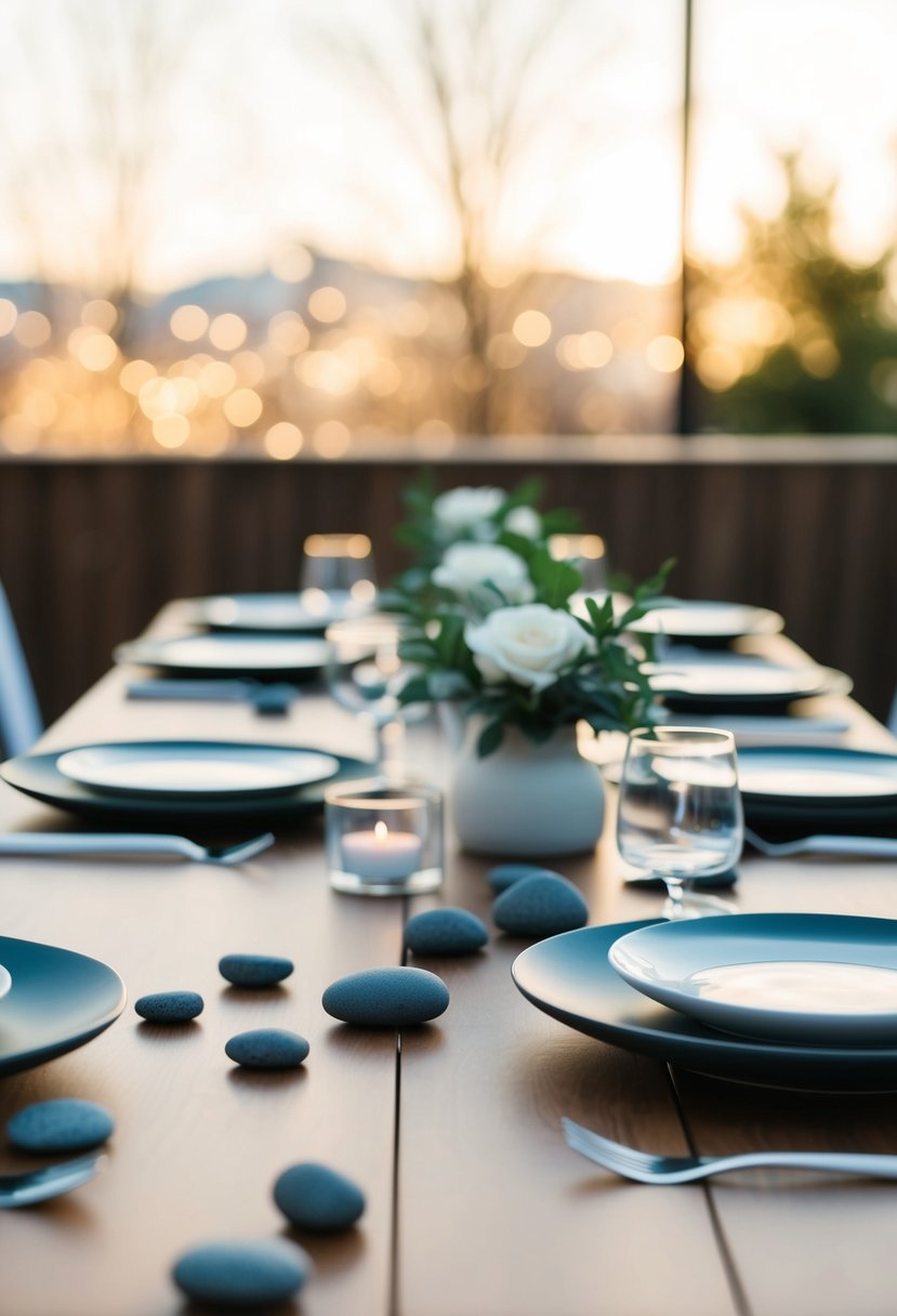 A simple, modern table setting with scattered stones and pebbles as minimalist wedding decor