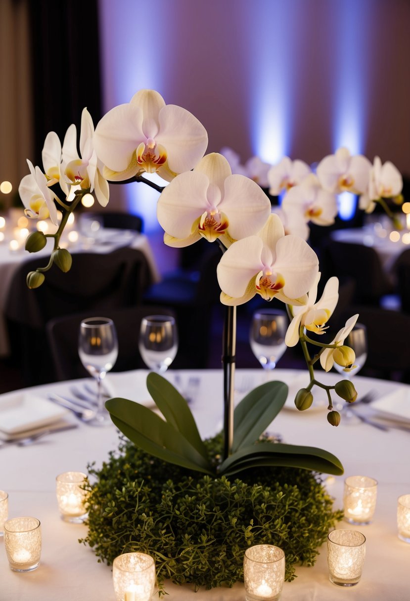 A table adorned with orchids and twinkling fairy lights creates a romantic and enchanting ambiance