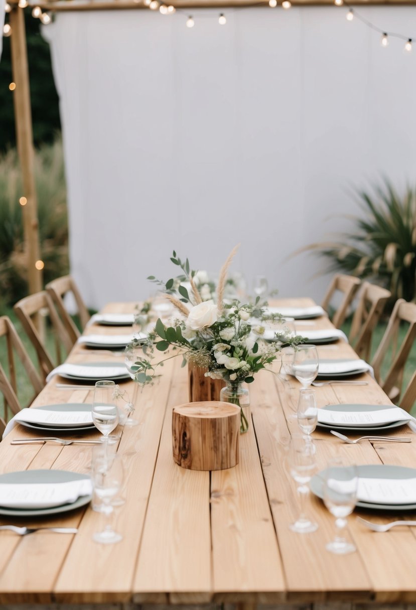 A simple wooden table adorned with rustic wood accents and minimalist decor for a wedding celebration